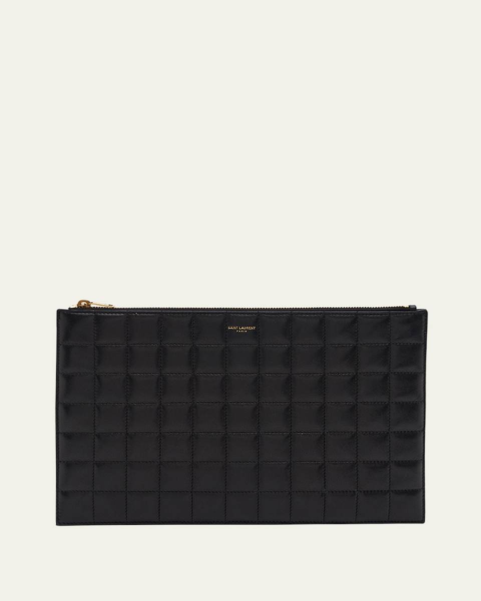 YSL Monogram Tablet Ziptop Pouch in Quilted Smooth Leather